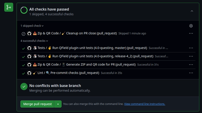GitHub Actions overview on a Pull Request, showing the different jobs and their status