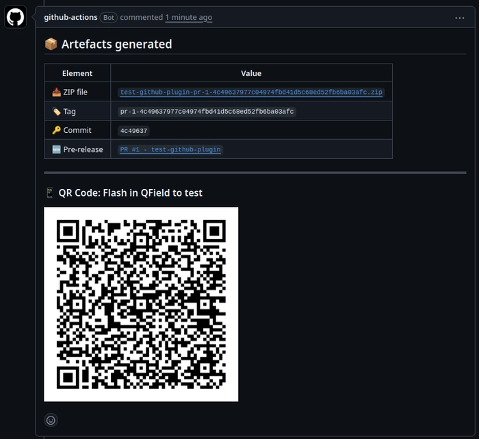 GitHub Actions comment on a Pull Request, showing the QR code generation job