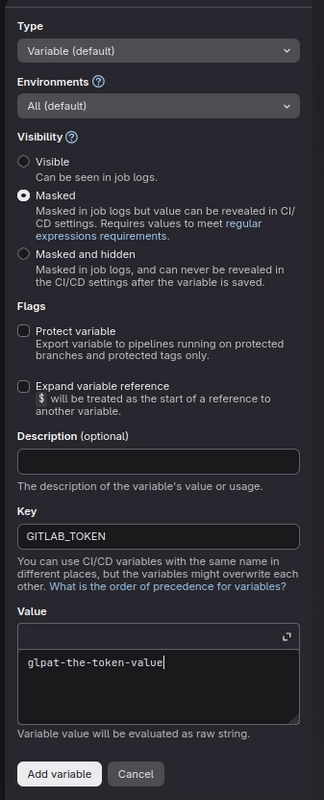 GitLab CI/CD variable creation in the GitLab project settings
