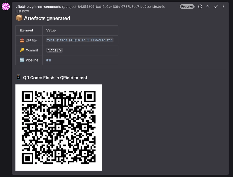 GitLab CI comment on a Merge Request, showing the QR code generation job