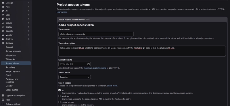 GitLab access token creation in the GitLab project settings