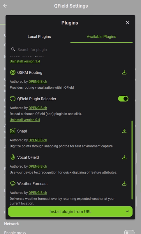 Installing the QField plugin reloader in QField