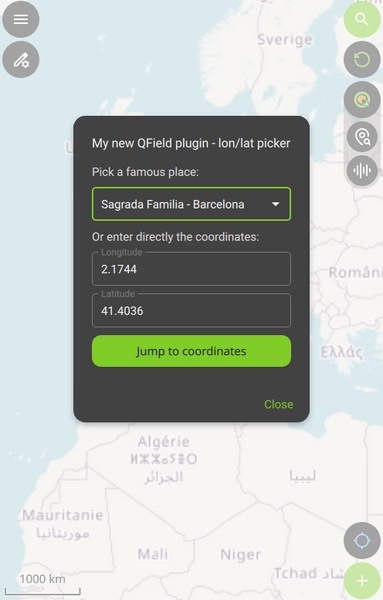 Famous places dialog of the generated QField plugin